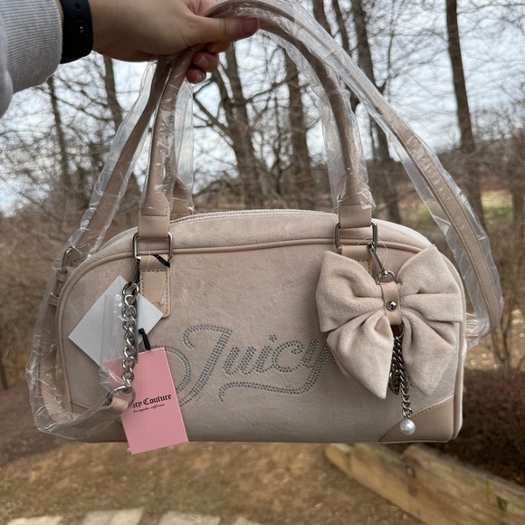 Juicy Couture Handbags - Juicy Couture Velour Bow Satchel Bag Rhinestone Logo Y2K Blush Pink NWT